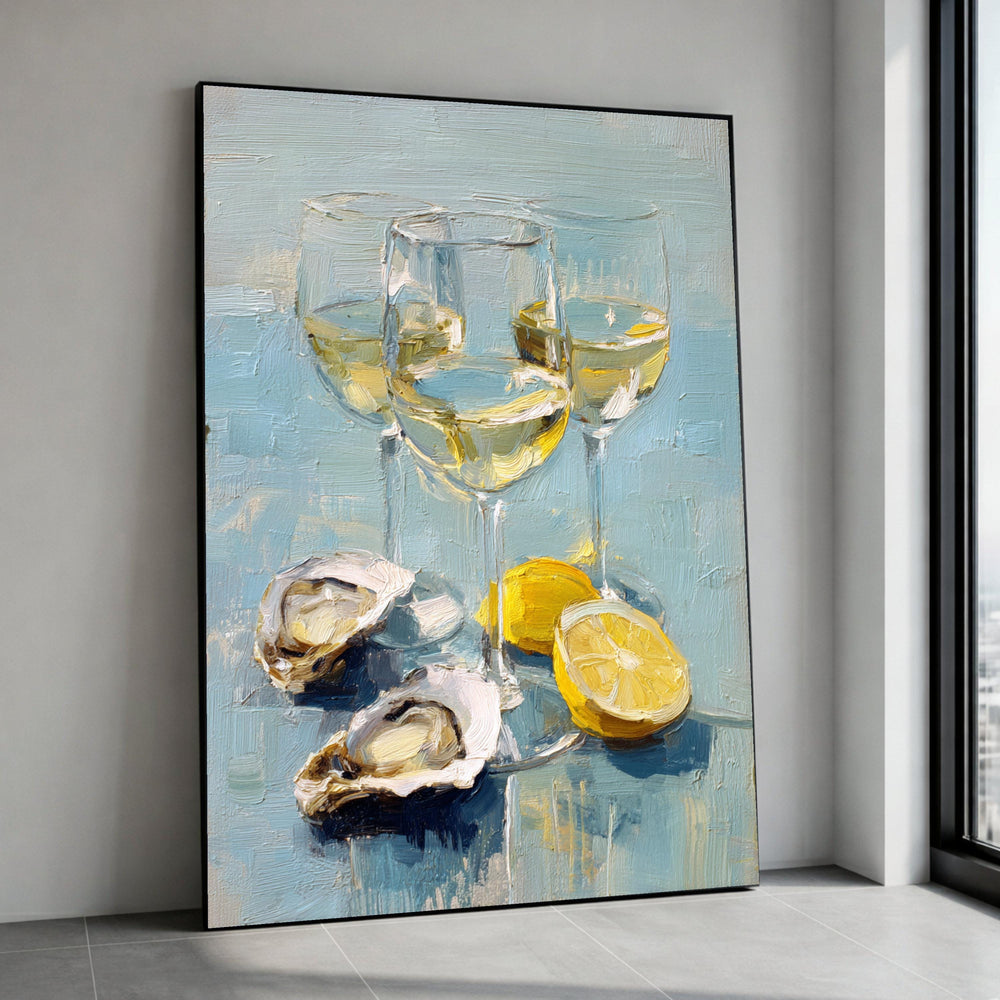 Elegant Wine Glasses with Lemons and Oysters Canvas, Coastal Dining Table Art, Gourmet Still Life Wall Decor, Kitchen Canvas Print Art