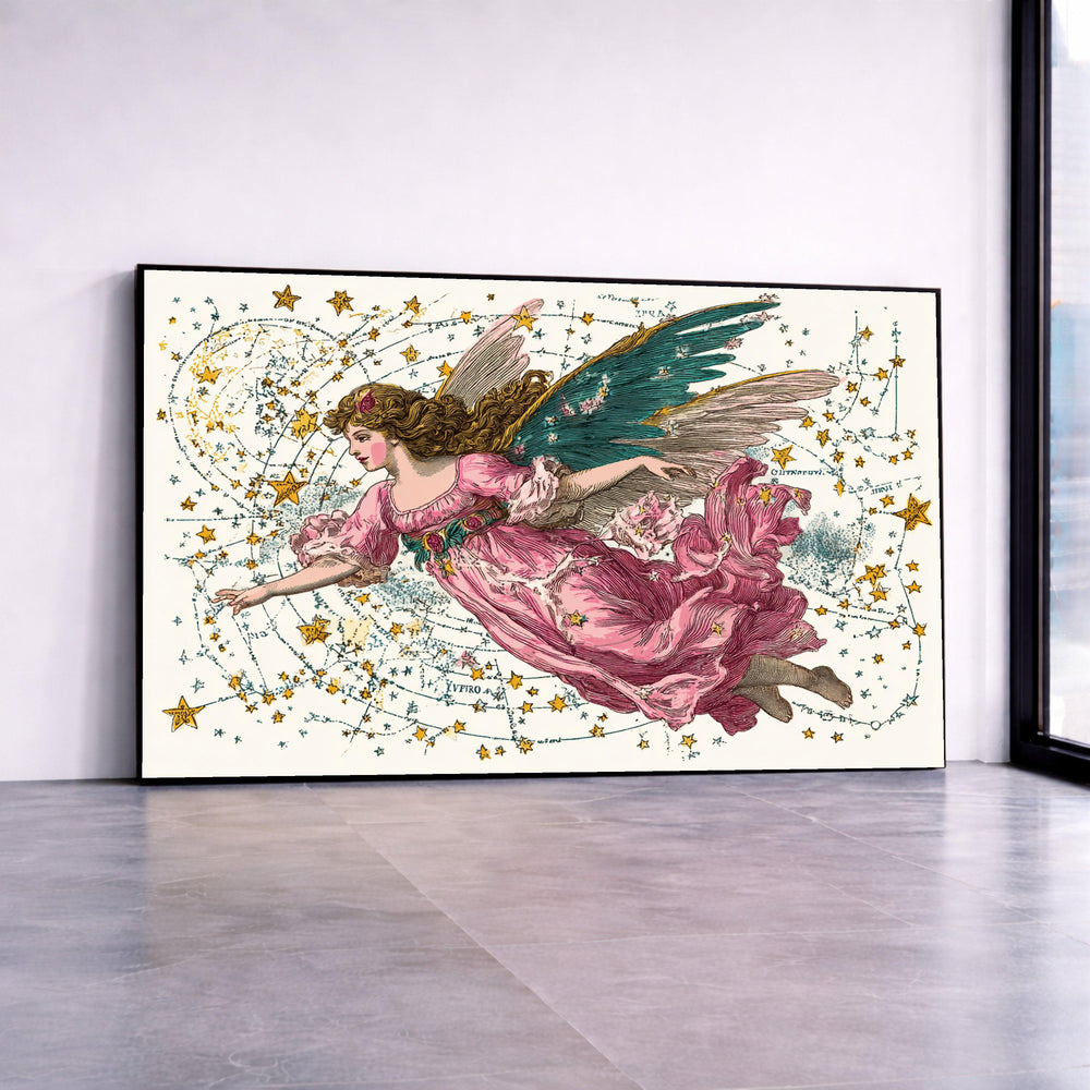 Vintage Celestial Angel Canvas, Flying Fairy Wall Art, Star Constellation Illustration, Fantasy Home Decoration, Whimsical Canvas Print Art
