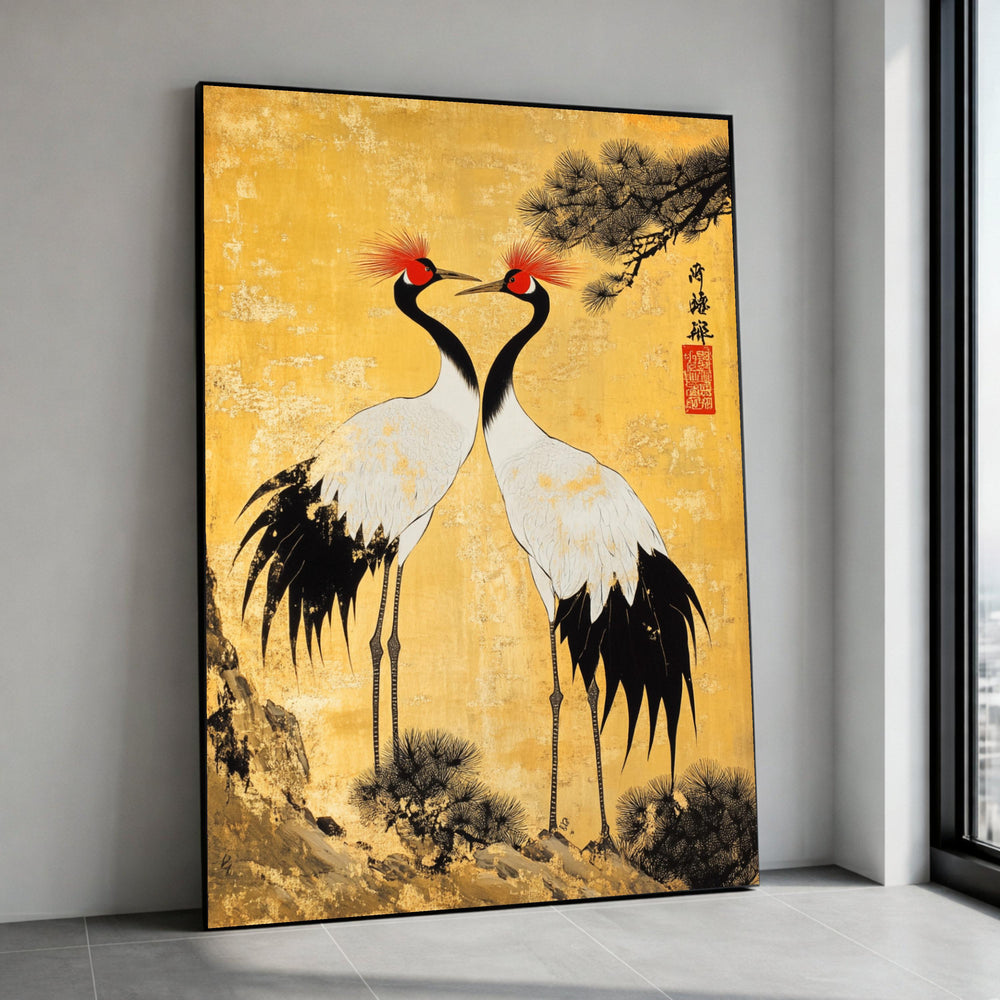 Elegant Red Crowned Cranes Canvas Art, Asian Bird Wall Decor, Golden Background Canvas, Nature Wildlife Painting, Oriental Canvas Print Art