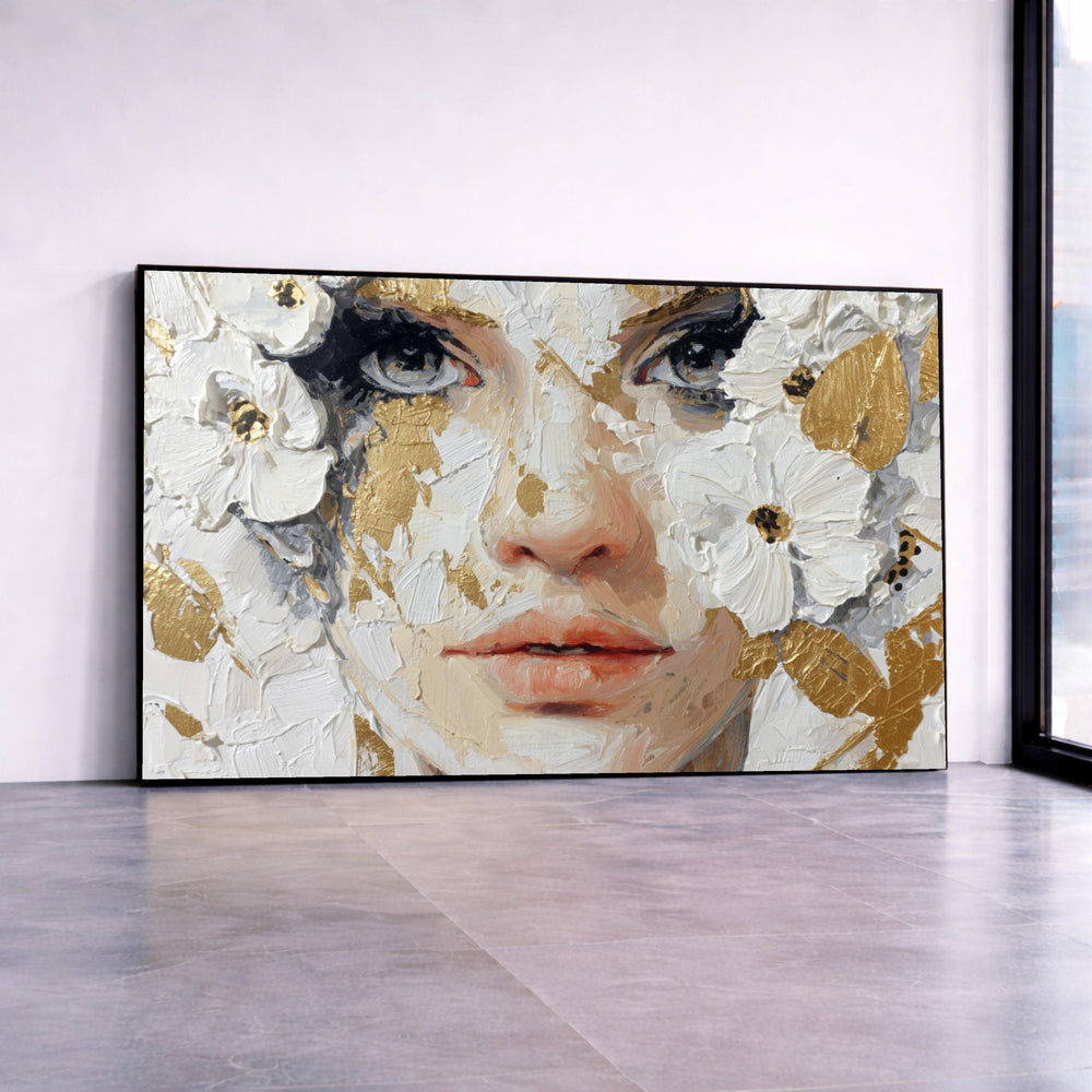 Elegant Woman Portrait Canvas, Floral Face Art, White Flower Wall Art, Gold Leaf Accents, Modern Female Canvas Decoration Canvas Print Art