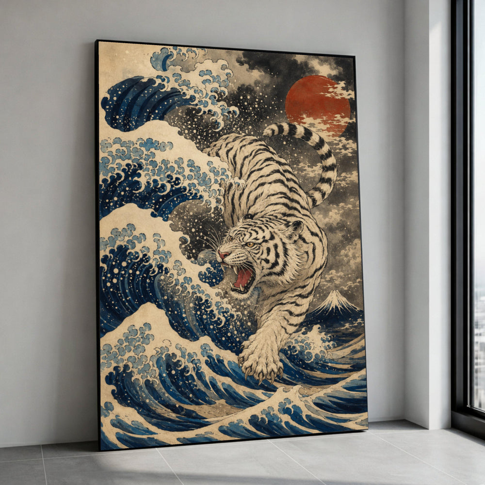 Fierce White Tiger Canvas, Japanese Wave Art, Roaring Tiger Wall Decor, Red Sun Painting, Mount Fuji Landscape, Asian Style Canvas Print Art
