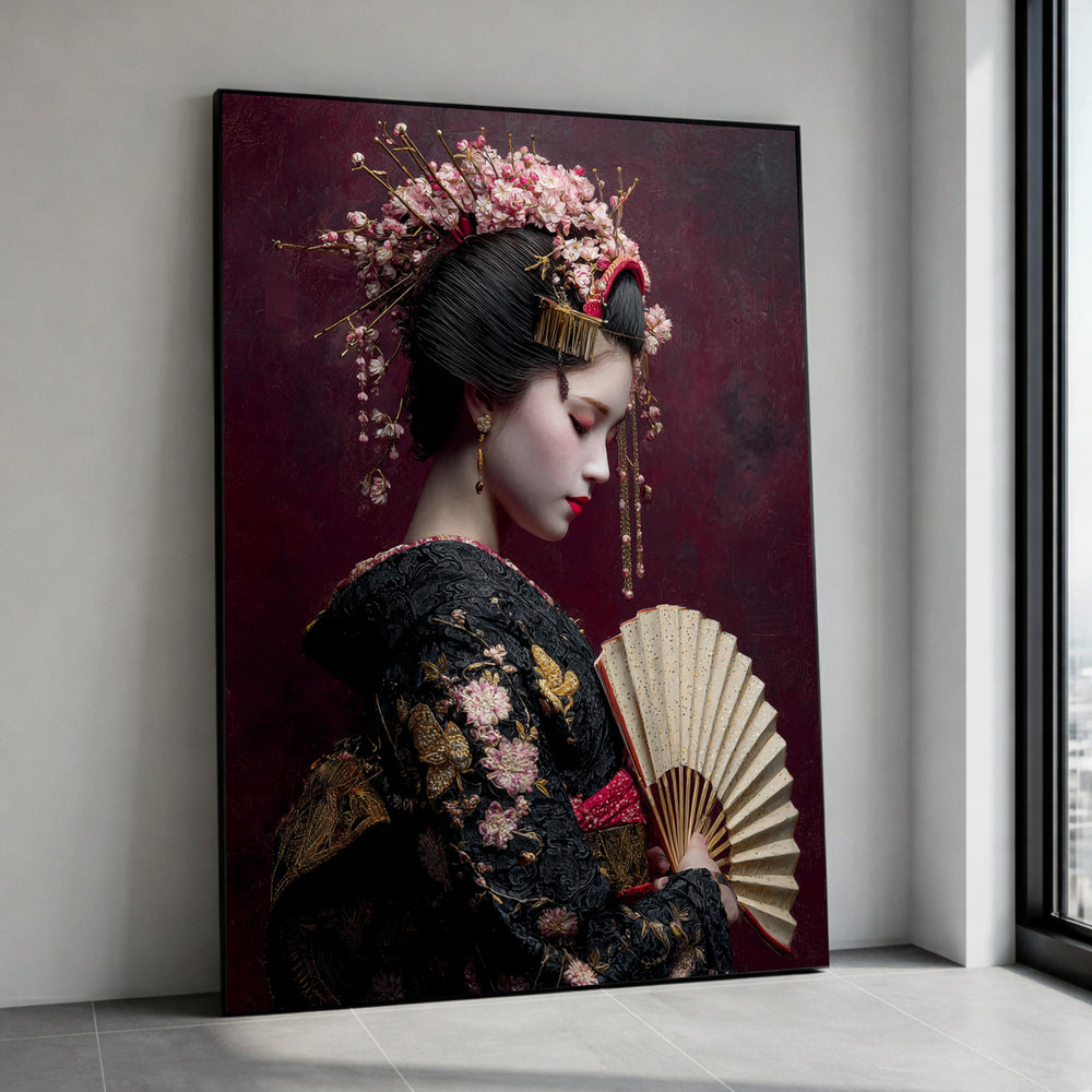 Elegant Geisha Portrait Canvas, Traditional Japanese Woman Art, Floral Kimono Wall Decor, Oriental Beauty Canvas, Ready to Canvas Print Art