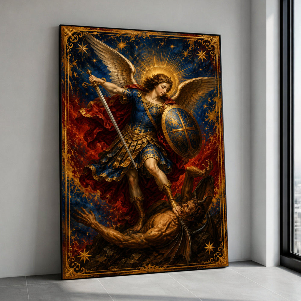 Archangel Michael Defeating Devil Canvas, Angelic Battle Scene Wall Art, Spiritual Religious Canvas, Mythical Warrior Home Canvas Print Art
