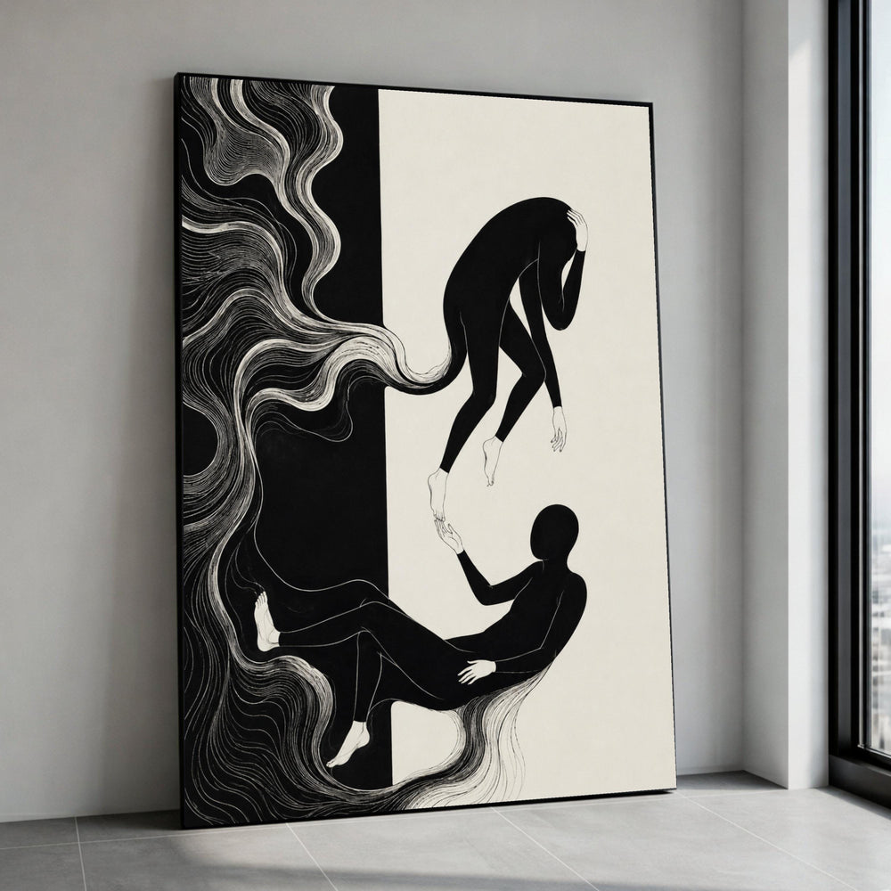 Abstract Black and White Figures Canvas Wall Art, Surreal Human Form Illustration, Modern Minimalist Wall Decoration, Canvas Print Art