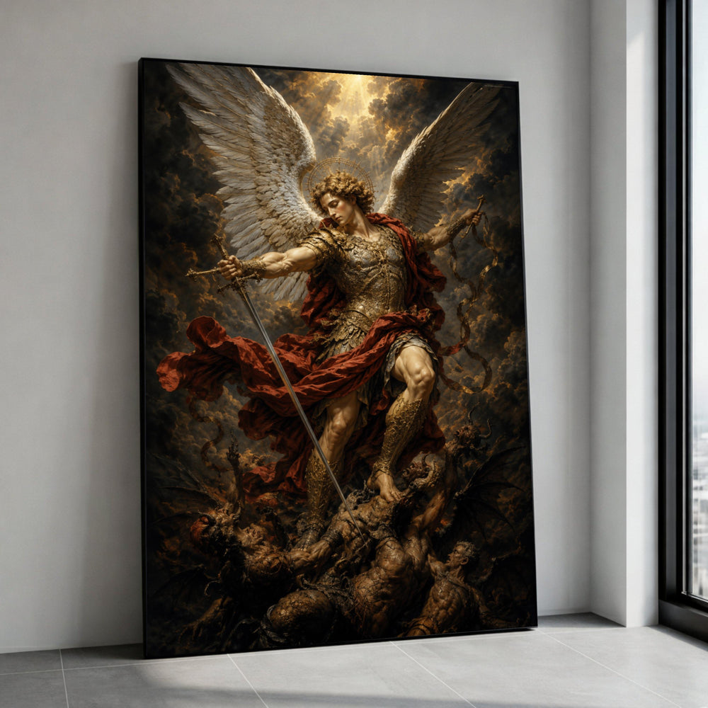 Archangel Michael Defeating Demons Canvas, Angelic Warrior Wall Art, Spiritual Battle Illustration, Mythical Canvas Canvas Print Art