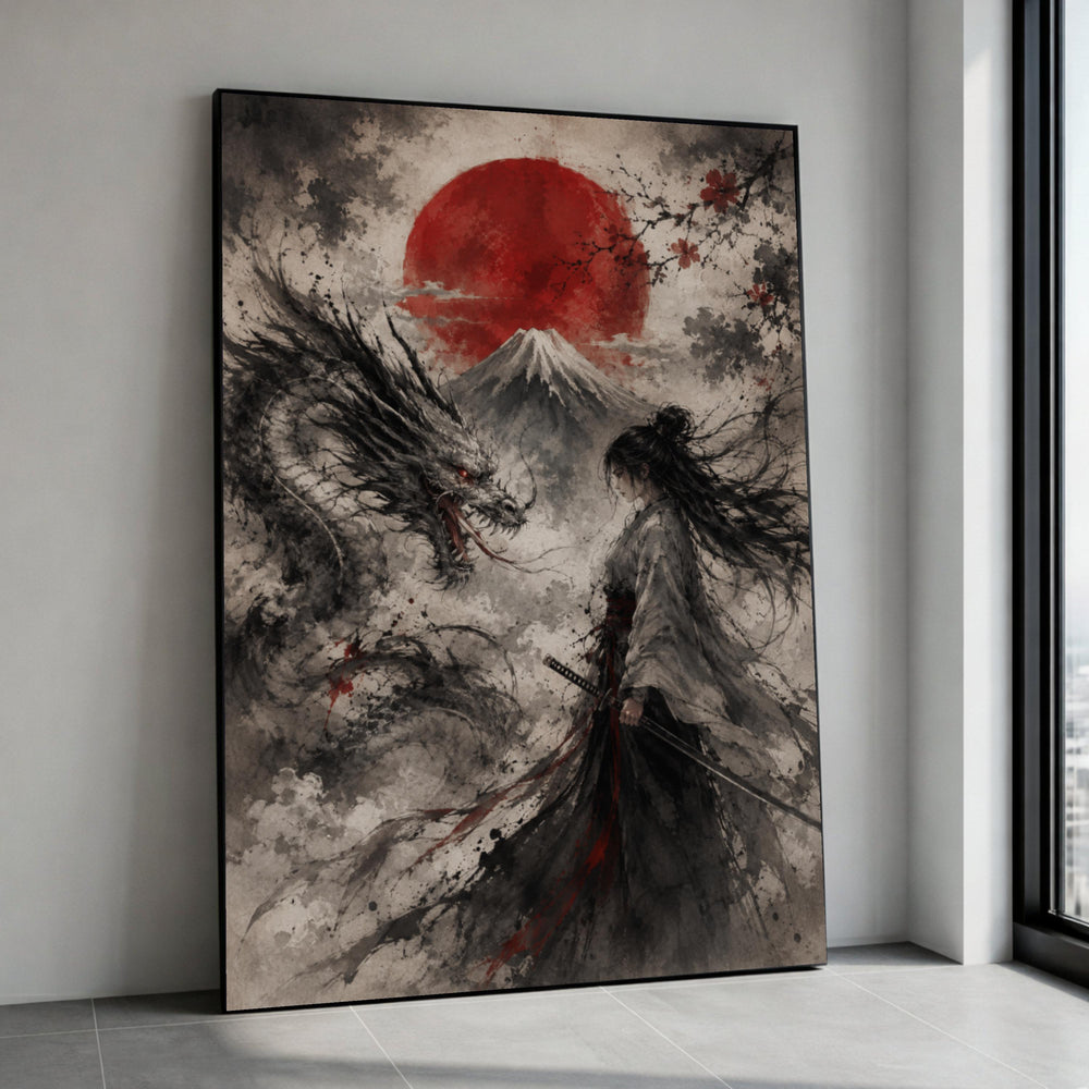 Samurai Warrior with Dragon Canvas, Japanese Mountain Landscape, Red Sun Wall Art, Mythical Spirit Design, Asian Canvas Print Art
