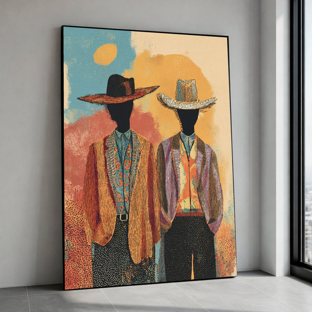 Vintage Western Duo Canvas, Cowboy Silhouettes Wall Art, Rustic Portrait Illustration, Southwestern Style Canvas Decoration Canvas Print Art