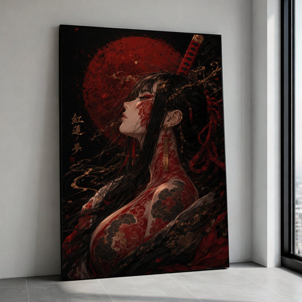 Elegant Geisha Portrait Canvas, Japanese Tattoo Art, Red Moon Background, Samurai Sword Wall Art, Asian Culture Decoration Canvas Print Art
