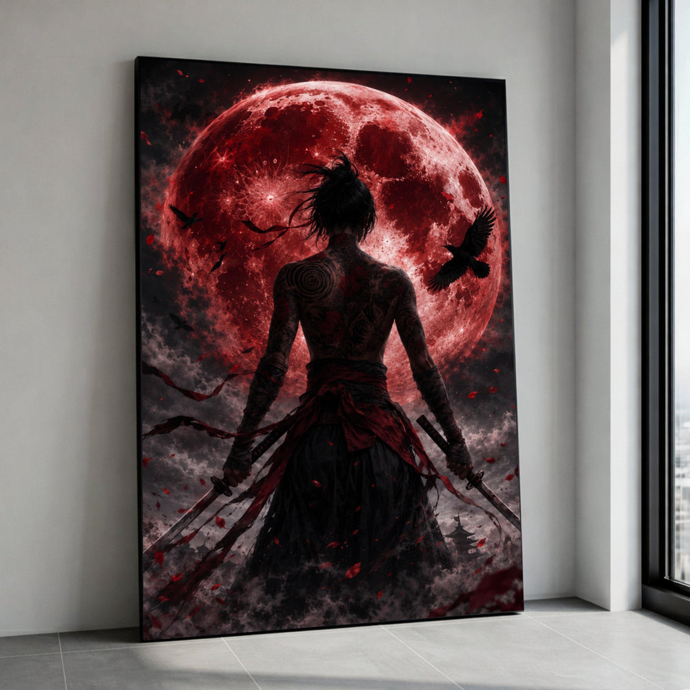 Dark Samurai Warrior Canvas, Blood Moon Wall Art, Tattooed Fighter with Swords, Fantasy Night Sky Canvas, Dramatic Japanese Canvas Print Art