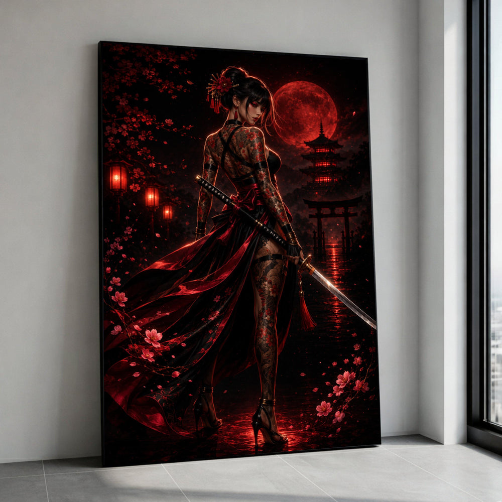 Fierce Samurai Woman with Katana, Japanese Cherry Blossom Canvas, Red Moonlit Night Wall Art, Asian Warrior Canvas Canvas Print Art