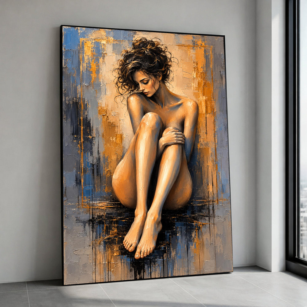 Thoughtful Woman Sitting Canvas, Abstract Nude Portrait Wall Art, Artistic Female Figure Canvas, Modern Home Decoration Canvas Print Art