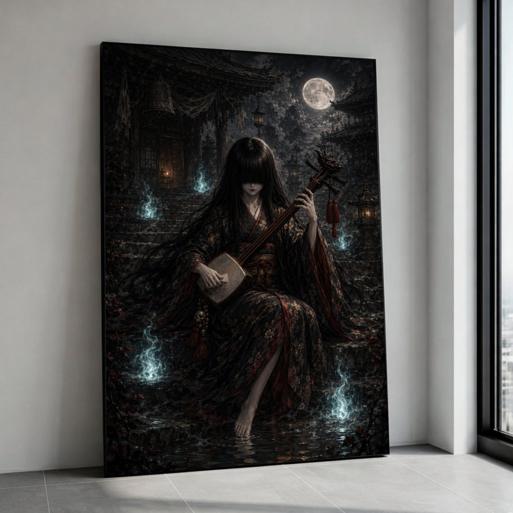 Moonlit Mystic Musician Canvas, Dark Fantasy Wall Art, Japanese Kimono Girl, Haunted Temple Scene, Ethereal Spirits Canvas Print Art