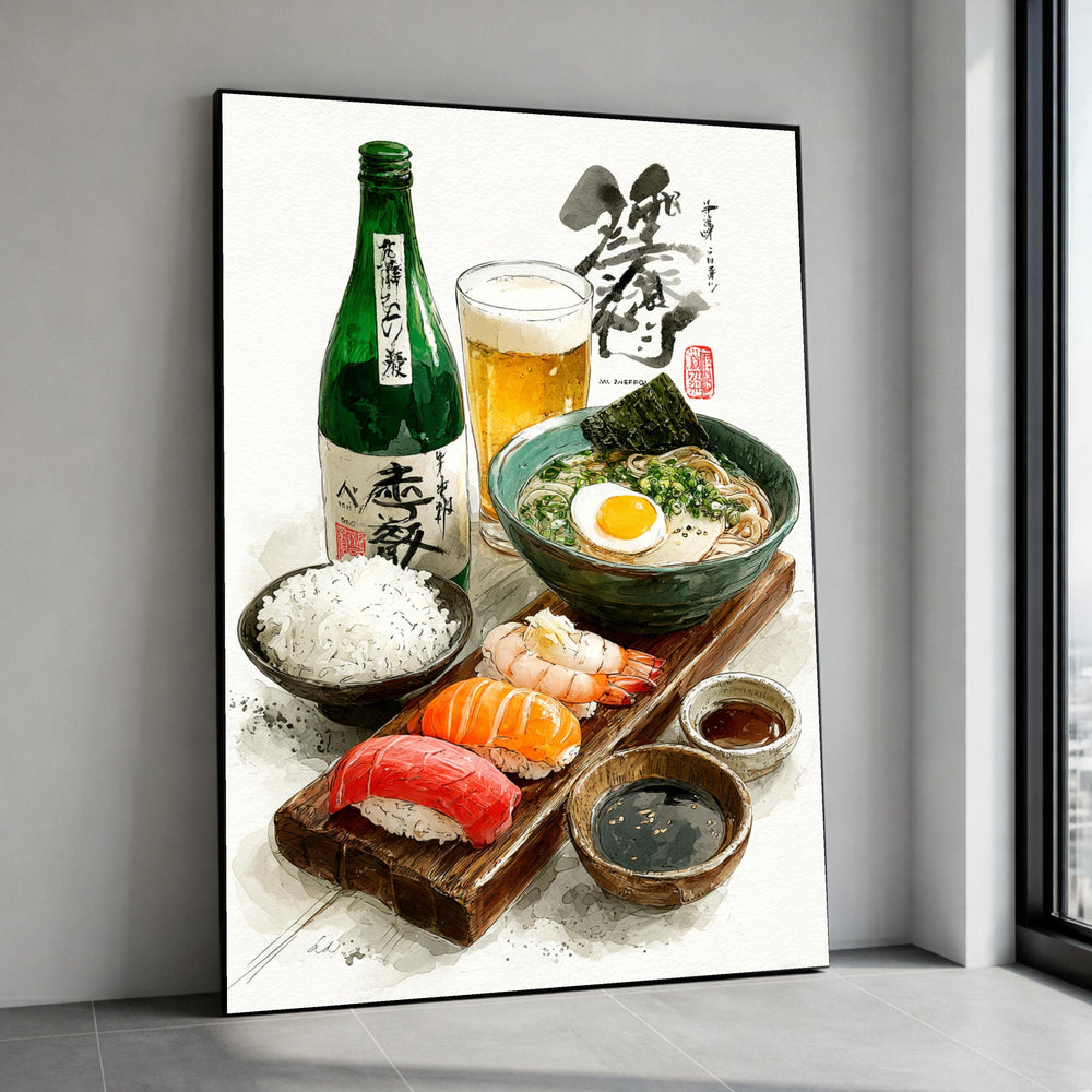 Japanese Sushi Platter Canvas, Ramen Bowl Wall Art, Sake Bottle Print, Asian Food Illustration, Japanese Cuisine Canvas, Canvas Print Art