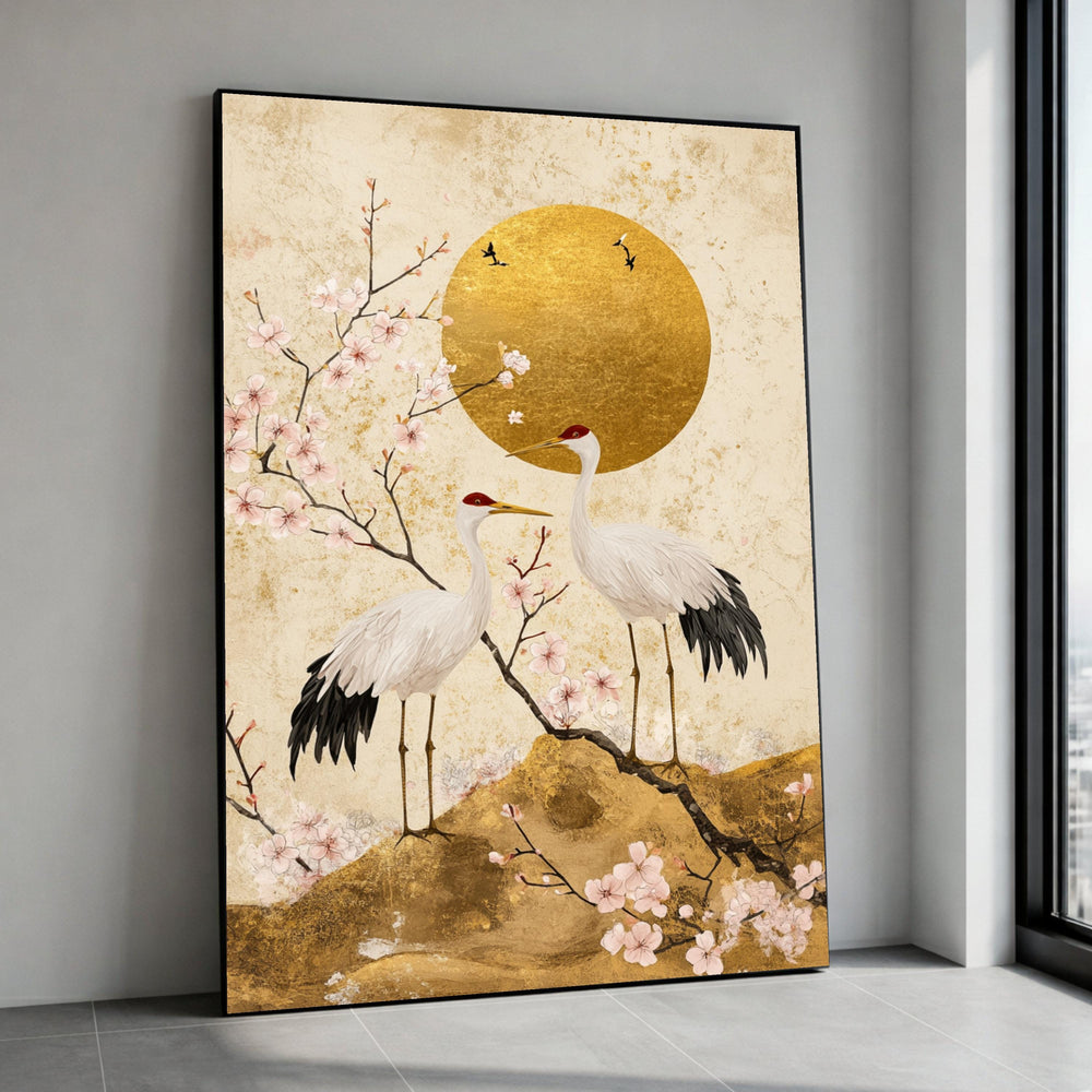 Elegant Crane Birds Canvas, Cherry Blossom Wall Art, Asian Nature Canvas, Golden Sun Landscape Decor, Tranquil Home Canvas Print Art