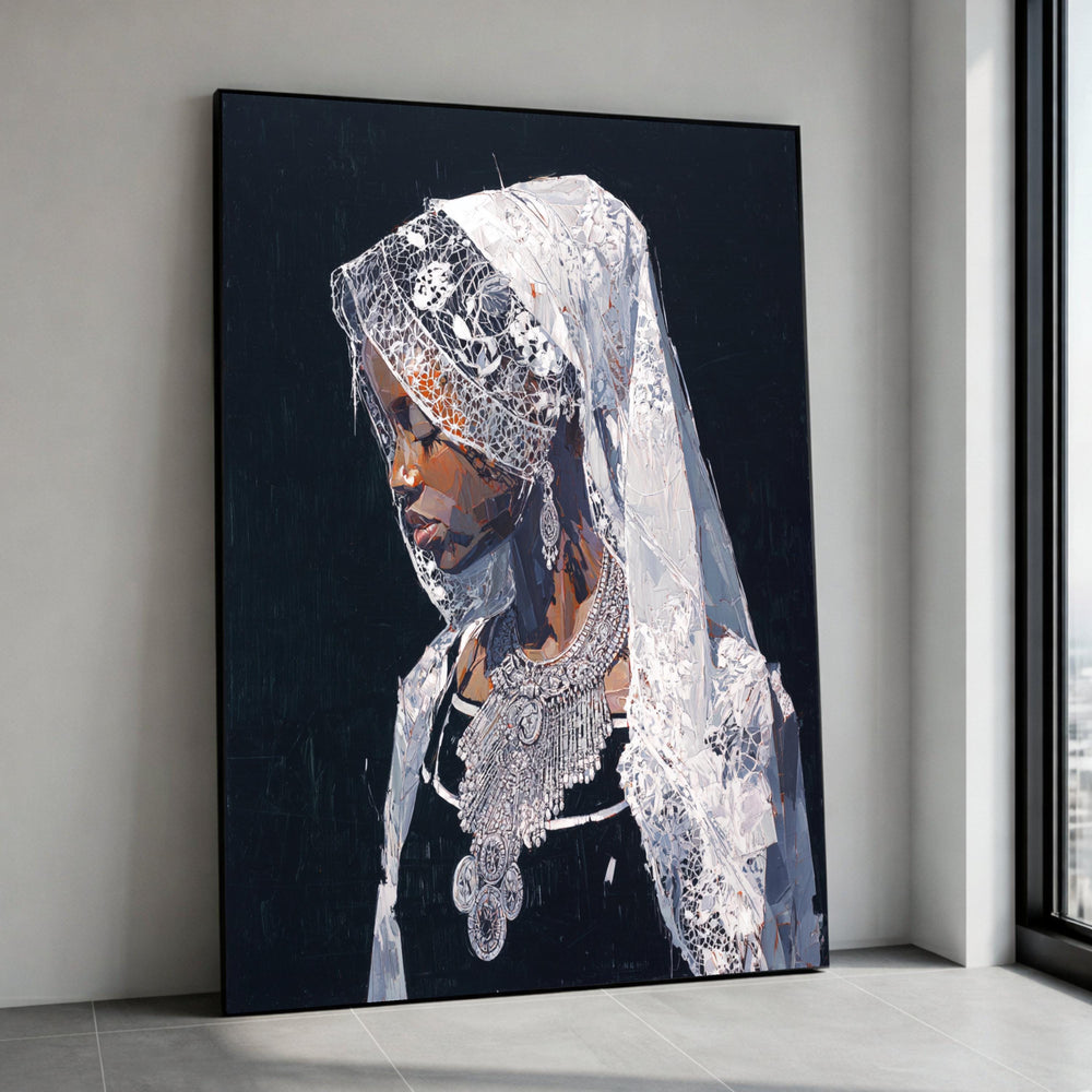 Elegant Woman Portrait Canvas, Ethnic Jewelry Canvas Art, Lace Veil Wall Decor, African Beauty Canvas, Detailed Portrait Canvas Print Art