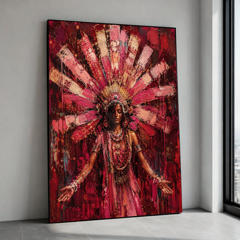 Tribal Goddess Portrait Canvas, Bohemian Wall Art, Vibrant Red Pink Headdress, Spiritual Female Figure, Ethnic Decorative Canvas Print Art