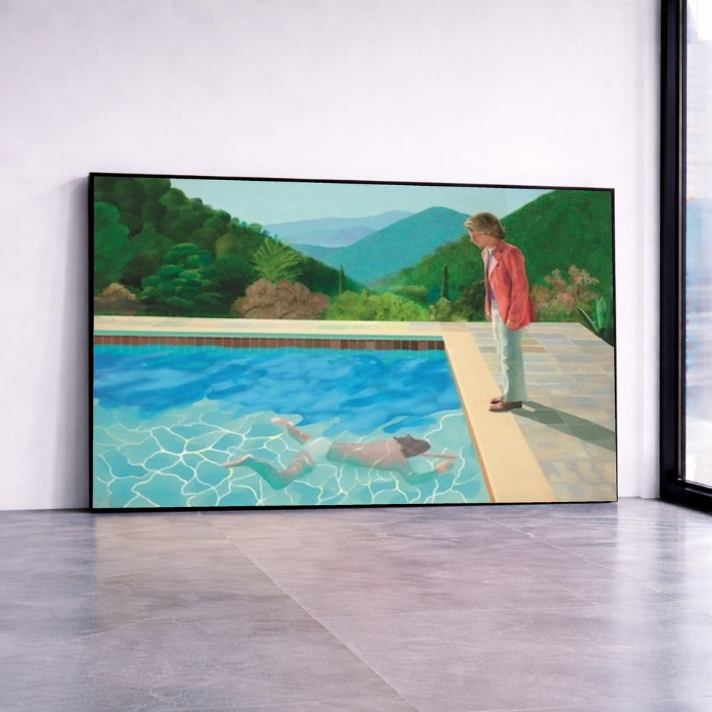 David Hockney Style Poolside Scene Canvas, Modern Figurative Art, Blue Water Wall Art, Contemporary Home Decoration, Artist Canvas Print Art