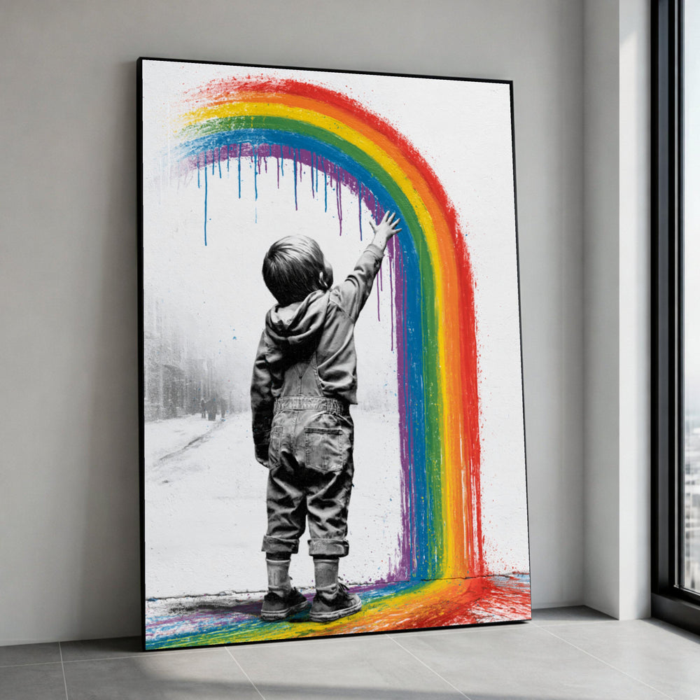 Colorful Rainbow Street Art Canvas, Child Reaching Up, Urban Graffiti Wall Art, Modern Kids Room Decoration, Vibrant Wall Canvas Print Art