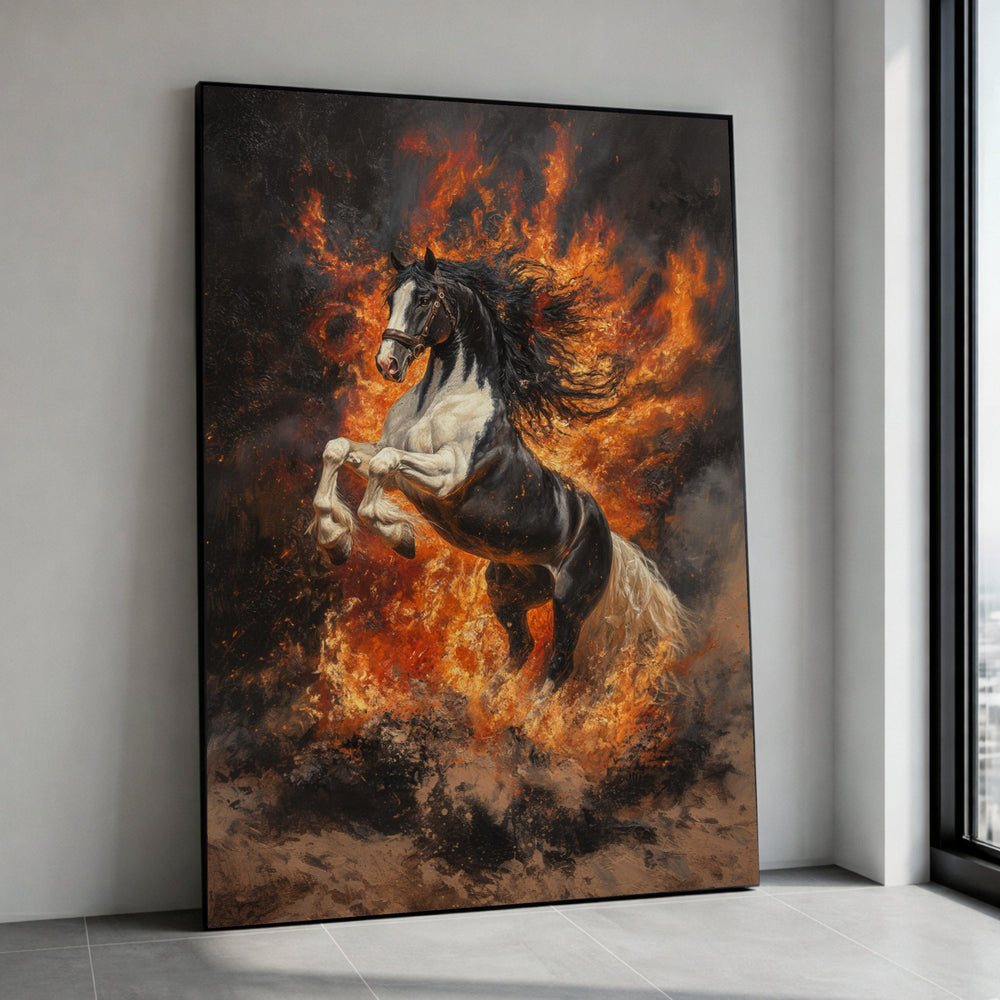 Fiery Stallion Canvas Wall Art, Black White Horse Rearing, Dynamic Animal Art, Flaming Background Canvas, Bold Nature Canvas Print Art