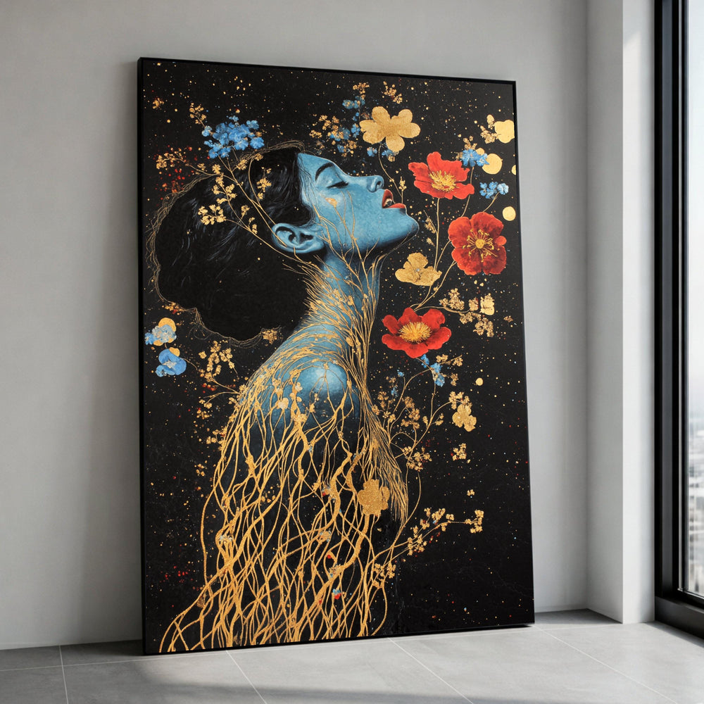 Blue Woman Portrait Canvas, Floral Gold Accents Wall Art, Abstract Botanical Design, Elegant Home Decor, Ready to Hang Canvas Print Art