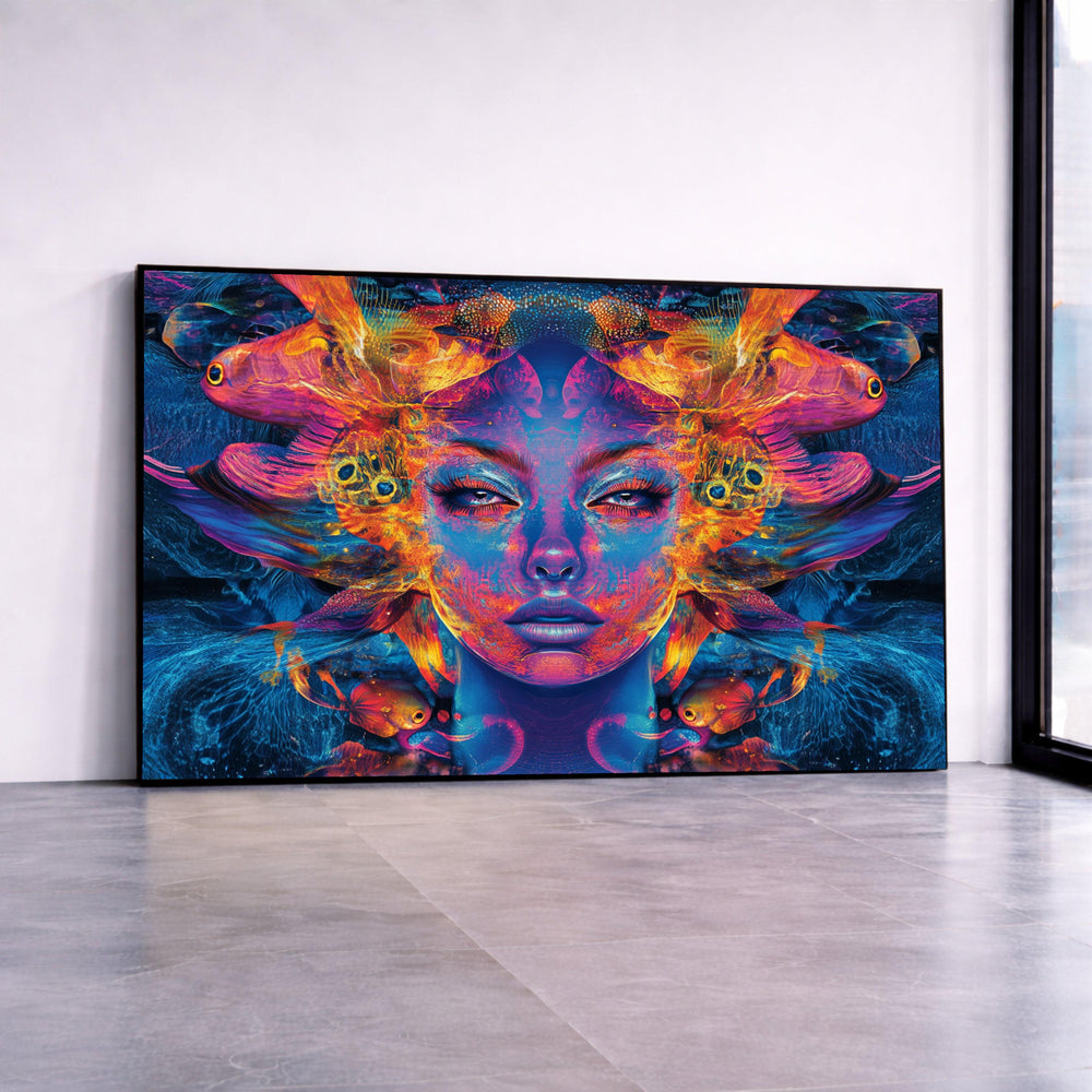 Vibrant Underwater Woman Canvas, Abstract Fish Portrait, Colorful Surreal Wall Art, Ocean-Inspired Home Decor, Ready to Canvas Print Art