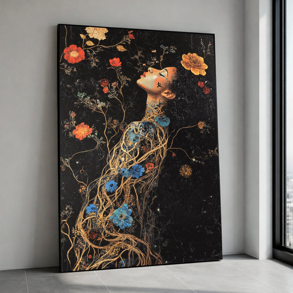 Ethereal Woman with Floral Vines, Surreal Botanical Canvas, Artistic Female Portrait, Unique Nature Wall Art, Elegant Home Canvas Print Art