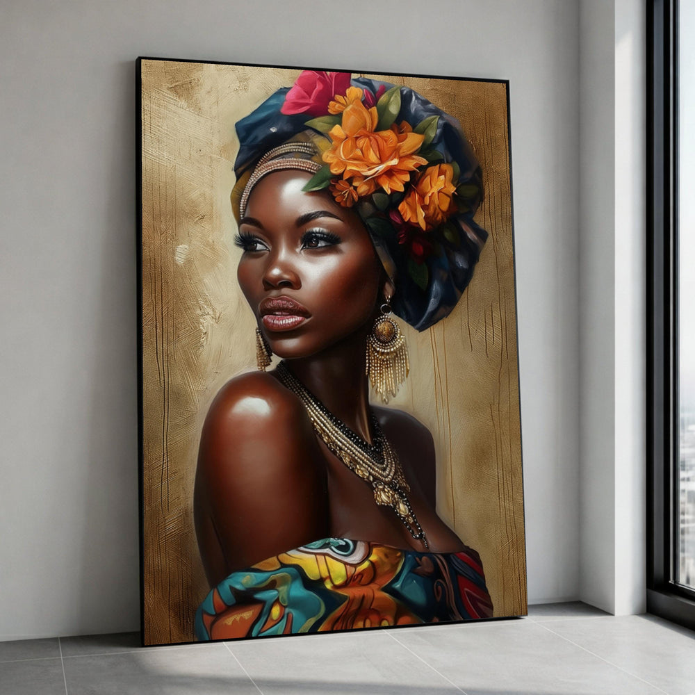 Elegant African Woman Portrait Canvas, Colorful Headwrap and Floral Accents, Ethnic Fashion Wall Art, Vibrant Home Decor, Canvas Print Art