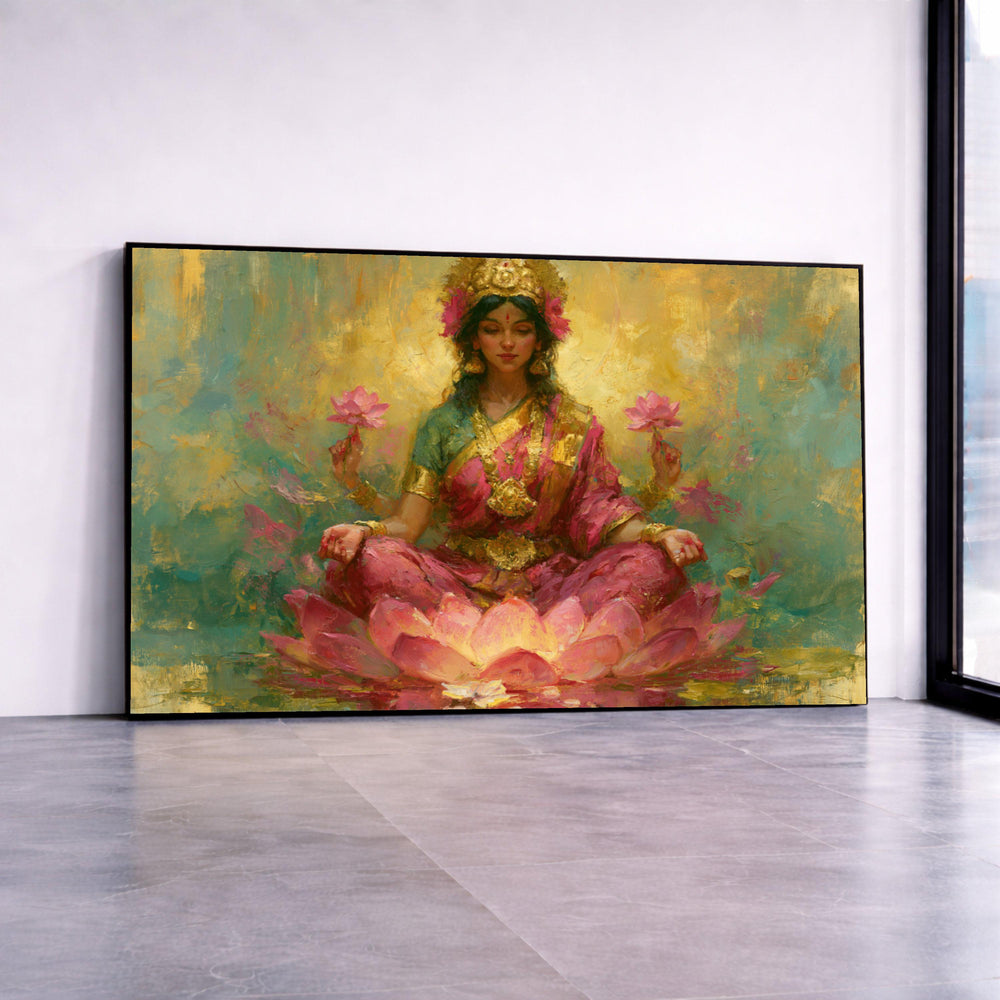 Meditation Goddess Canvas Wall Art, Lotus Flower Spiritual Painting, Indian Art Decor, Hindu Deity Print, Vibrant Home Wall Canvas Print Art