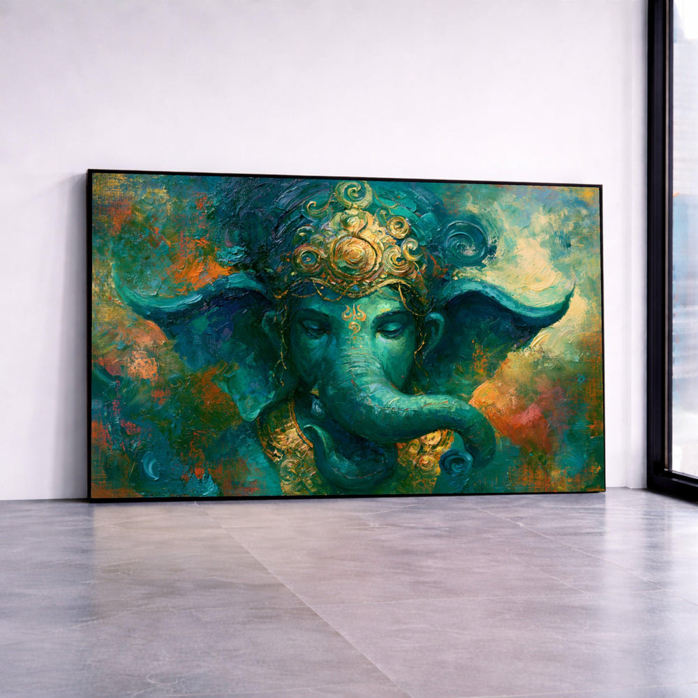 Majestic Elephant God Canvas Wall Art, Spiritual Hindu Deity Painting, Indian Culture Wall Decor, Vibrant Elephant Head Canvas Print Art