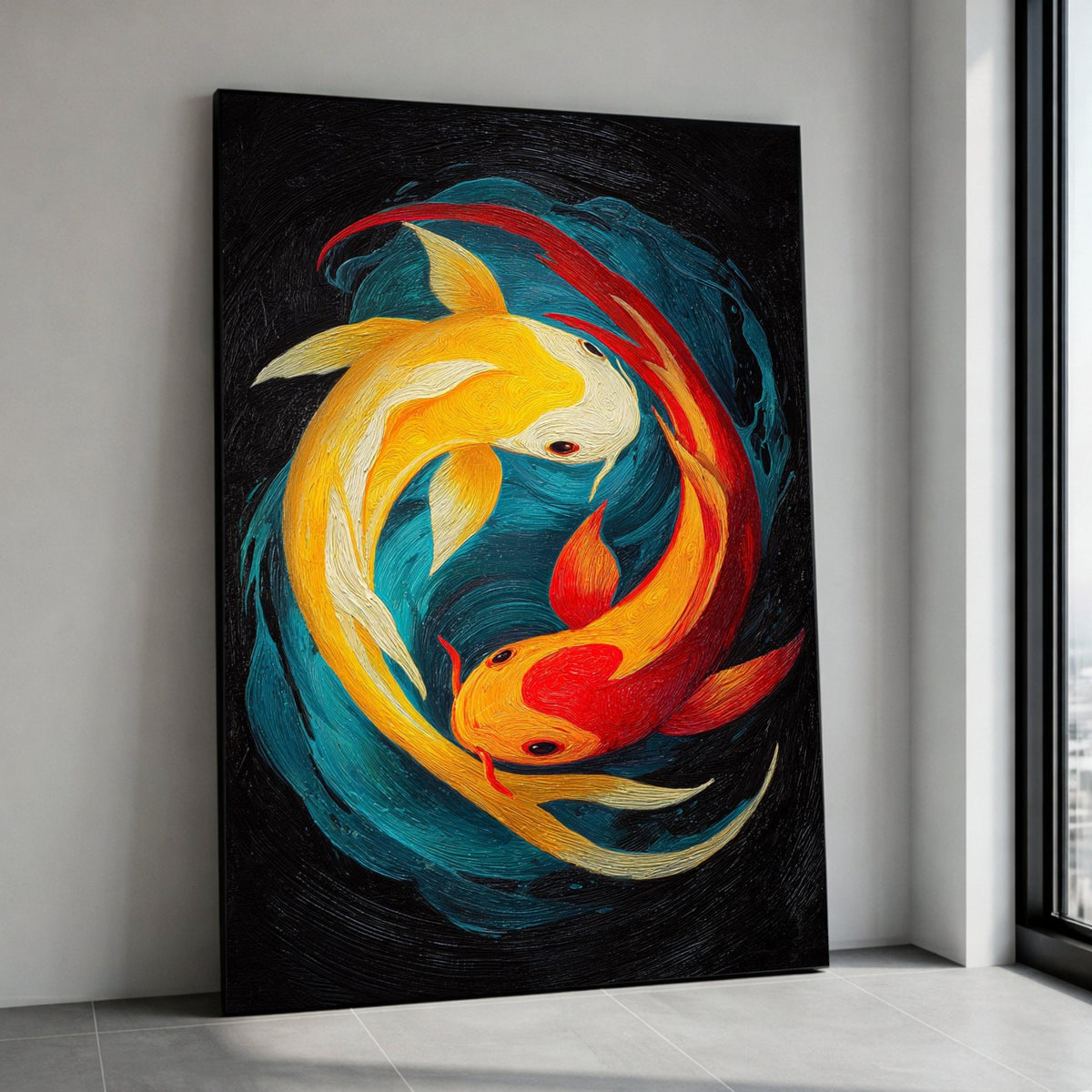 Vibrant Koi Fish Canvas, Yin Yang Wall Art, Colorful Aquatic Painting, Feng Shui Home Decoration, Modern Fish Artwork Canvas Print Art