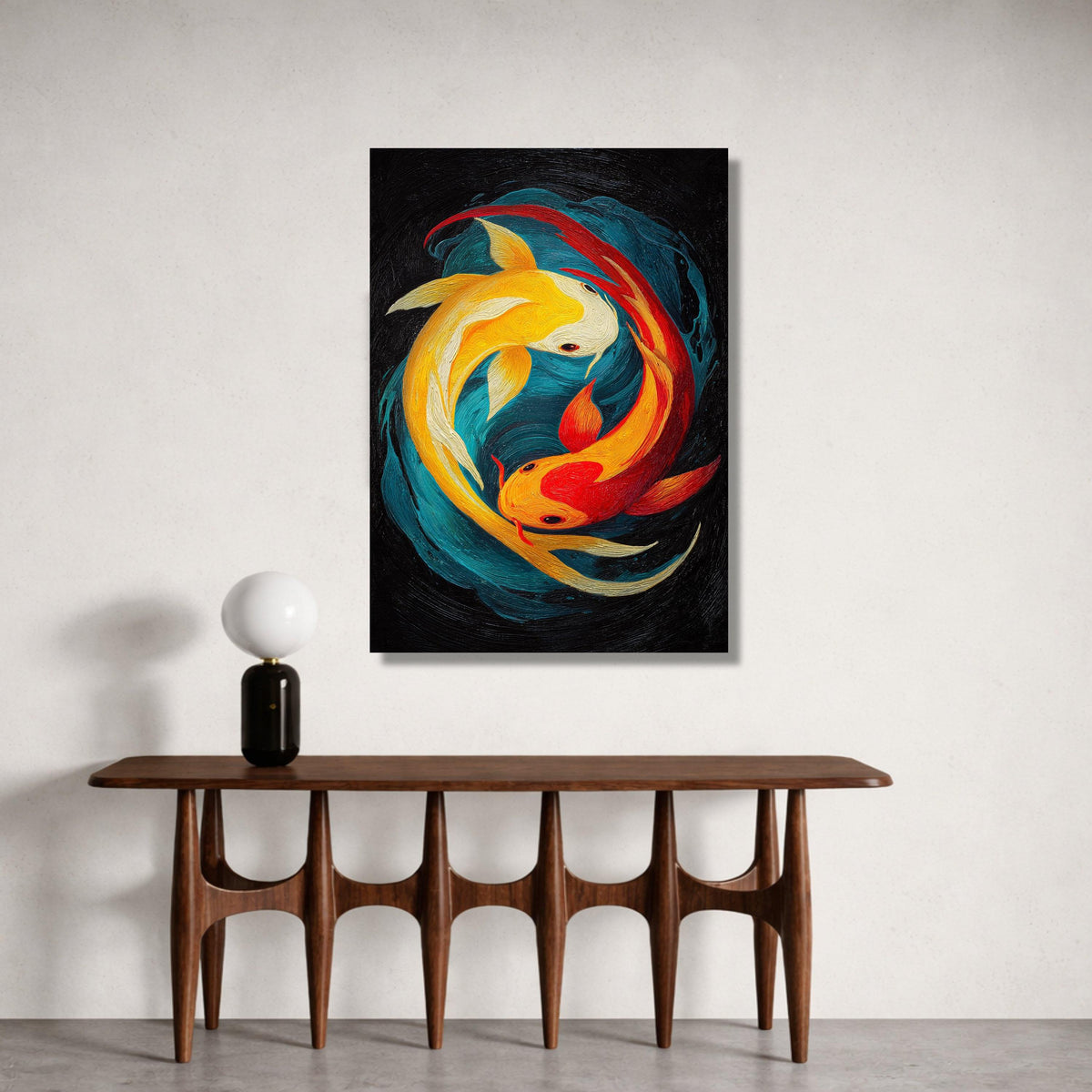 Vibrant Koi Fish Canvas, Yin Yang Wall Art, Colorful Aquatic Painting, Feng Shui Home Decoration, Modern Fish Artwork Canvas Print Art