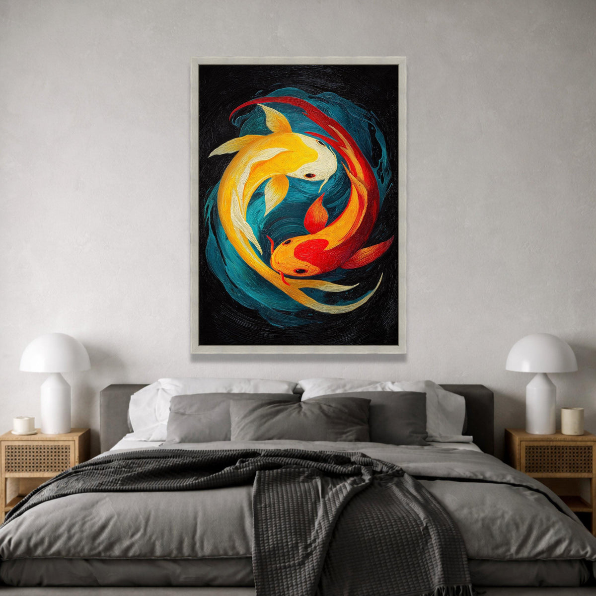Vibrant Koi Fish Canvas, Yin Yang Wall Art, Colorful Aquatic Painting, Feng Shui Home Decoration, Modern Fish Artwork Canvas Print Art