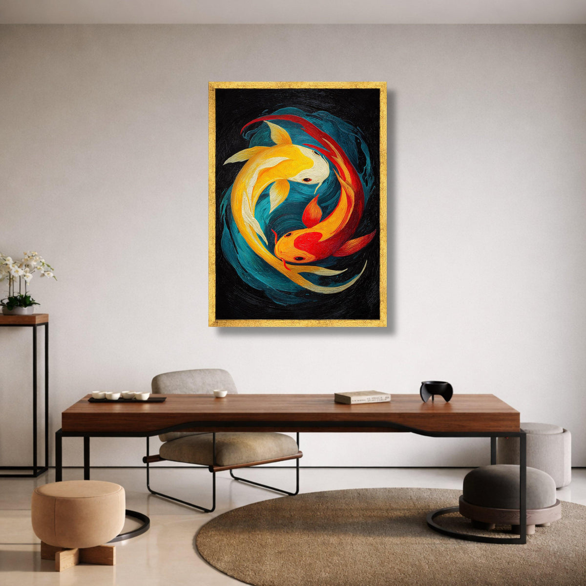 Vibrant Koi Fish Canvas, Yin Yang Wall Art, Colorful Aquatic Painting, Feng Shui Home Decoration, Modern Fish Artwork Canvas Print Art