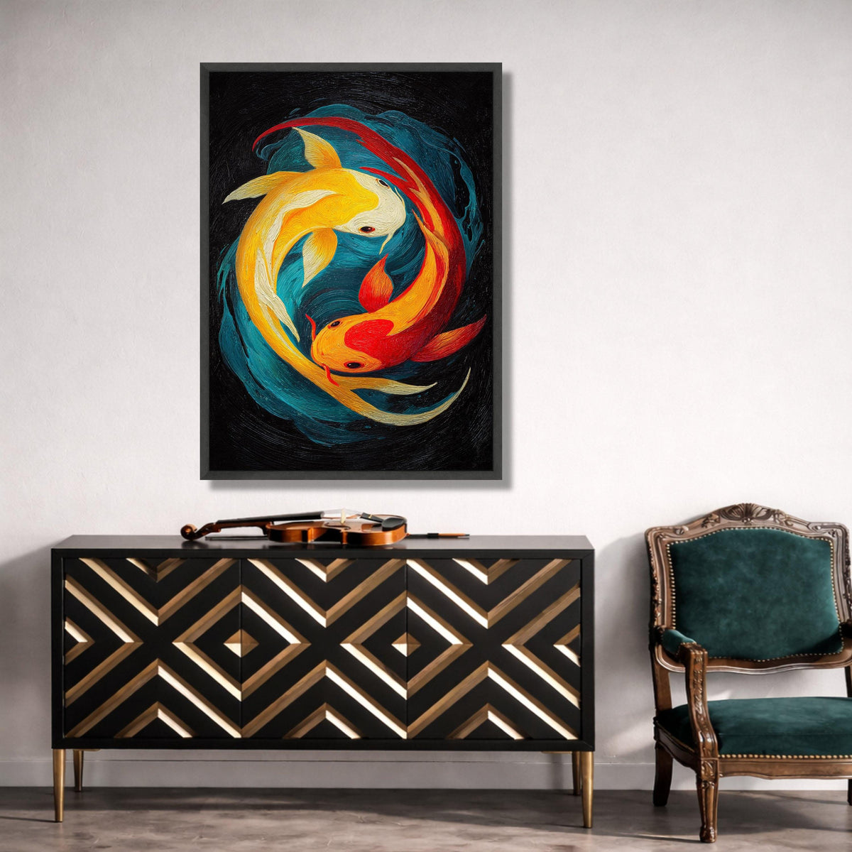 Vibrant Koi Fish Canvas, Yin Yang Wall Art, Colorful Aquatic Painting, Feng Shui Home Decoration, Modern Fish Artwork Canvas Print Art