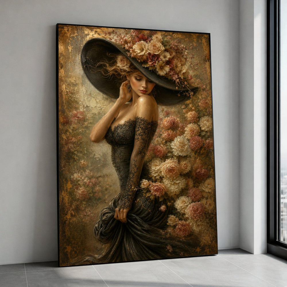 Elegant Woman Black Dress Canvas Wall Art, Floral Hat Portrait, Vintage Style Canvas, Romantic Home Decoration, Classic Canvas Print Art