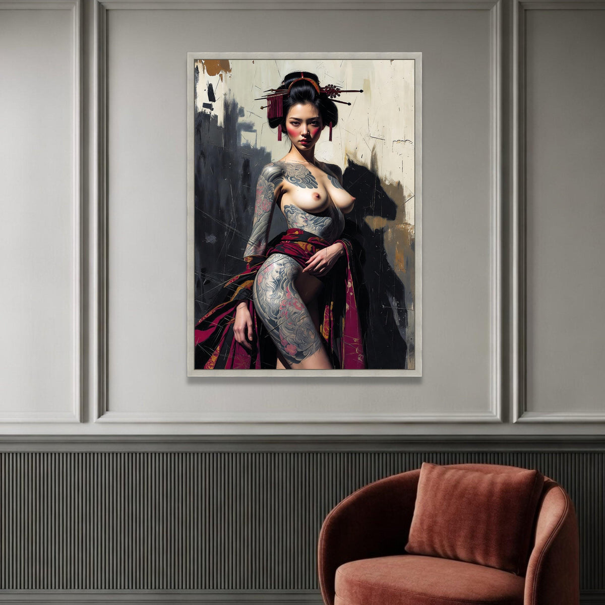 Tattooed Geisha Woman Canvas Wall Art, Japanese Traditional Style, Floral Tattoo Body Art, Contemporary Asian Portrait, Luxury Home Decor