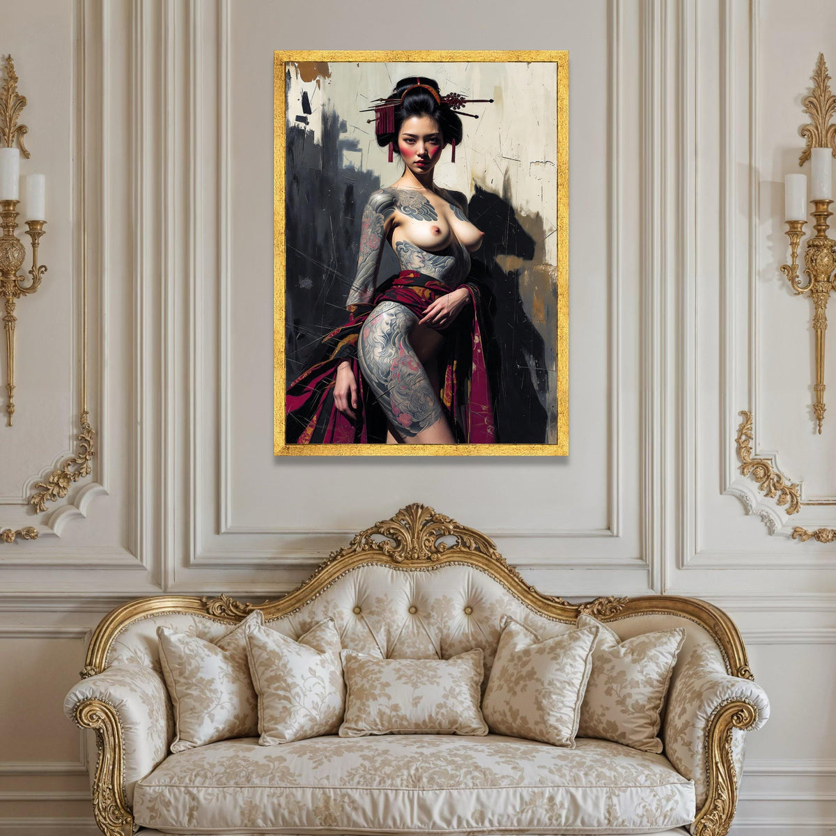 Tattooed Geisha Woman Canvas Wall Art, Japanese Traditional Style, Floral Tattoo Body Art, Contemporary Asian Portrait, Luxury Home Decor