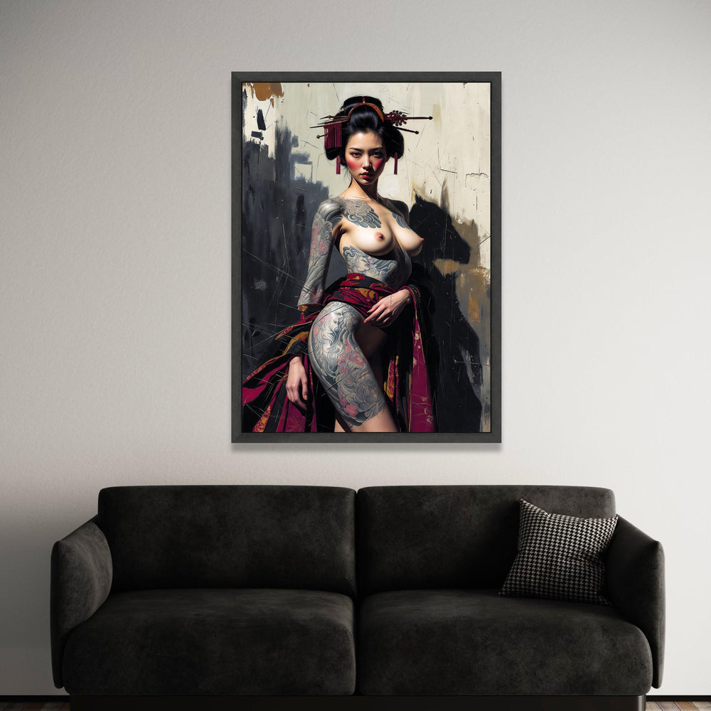 Tattooed Geisha Woman Canvas Wall Art, Japanese Traditional Style, Floral Tattoo Body Art, Contemporary Asian Portrait, Luxury Home Decor
