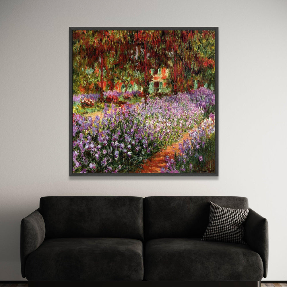 Vibrant Purple Iris Garden Canvas, Floral Pathway Wall Art, Impressionist Landscape Canvas, Colorful Nature Scene, Home Luxury Home Decor