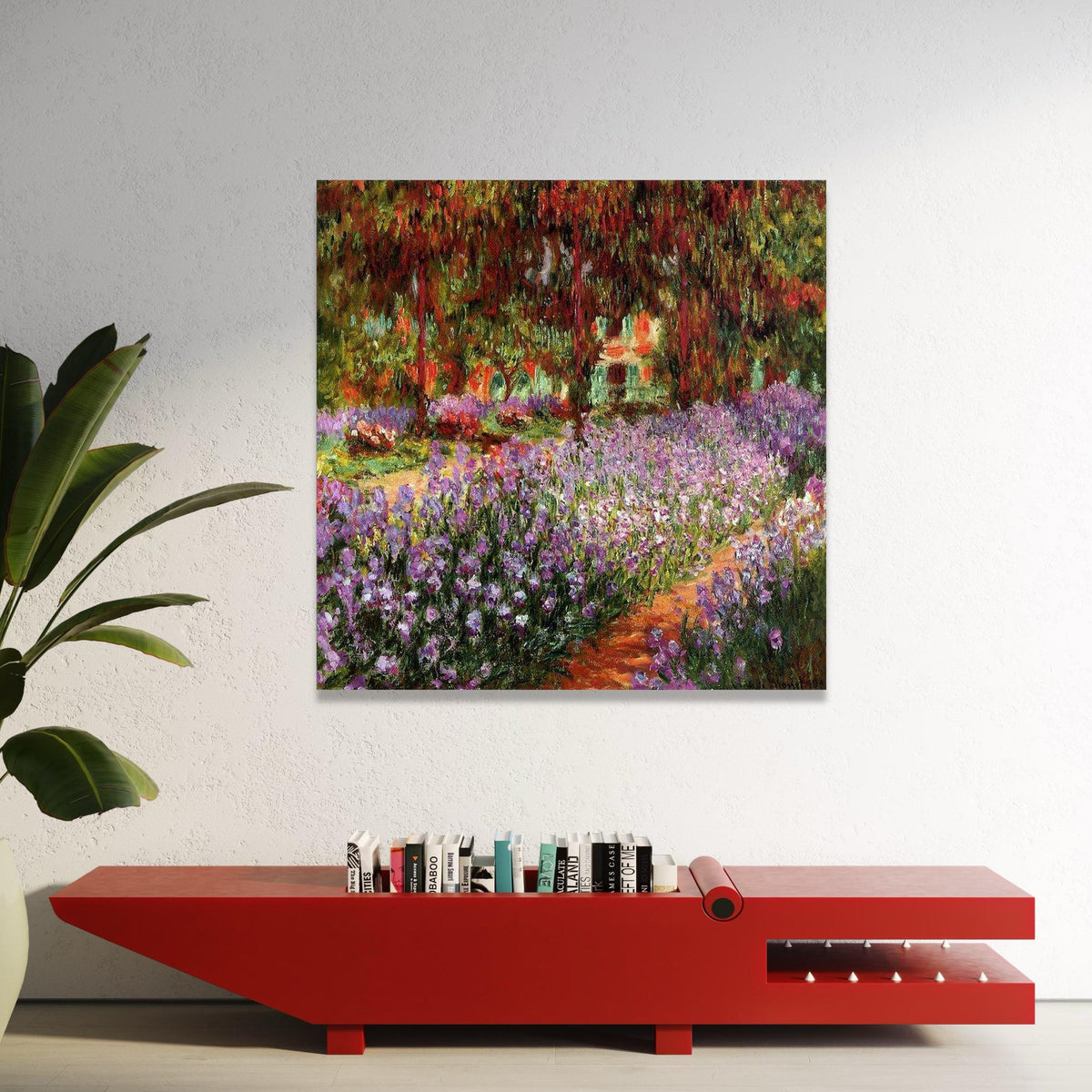 Vibrant Purple Iris Garden Canvas, Floral Pathway Wall Art, Impressionist Landscape Canvas, Colorful Nature Scene, Home Luxury Home Decor