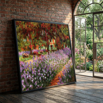 Vibrant Purple Iris Garden Canvas, Floral Pathway Wall Art, Impressionist Landscape Canvas, Colorful Nature Scene, Home Luxury Home Decor