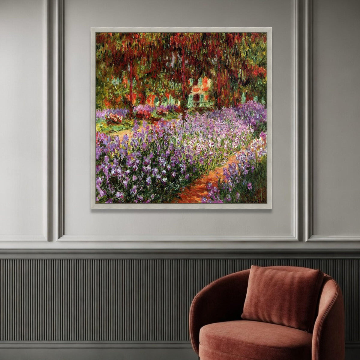 Vibrant Purple Iris Garden Canvas, Floral Pathway Wall Art, Impressionist Landscape Canvas, Colorful Nature Scene, Home Luxury Home Decor