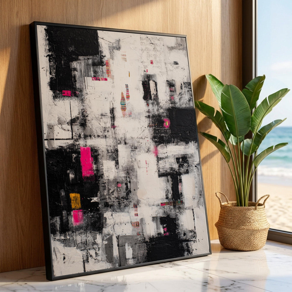 Modern Abstract Canvas Wall Art, Black White with Pink Accents, Urban Style Painting, Contemporary Home Decor, Ready to Luxury Home Decor