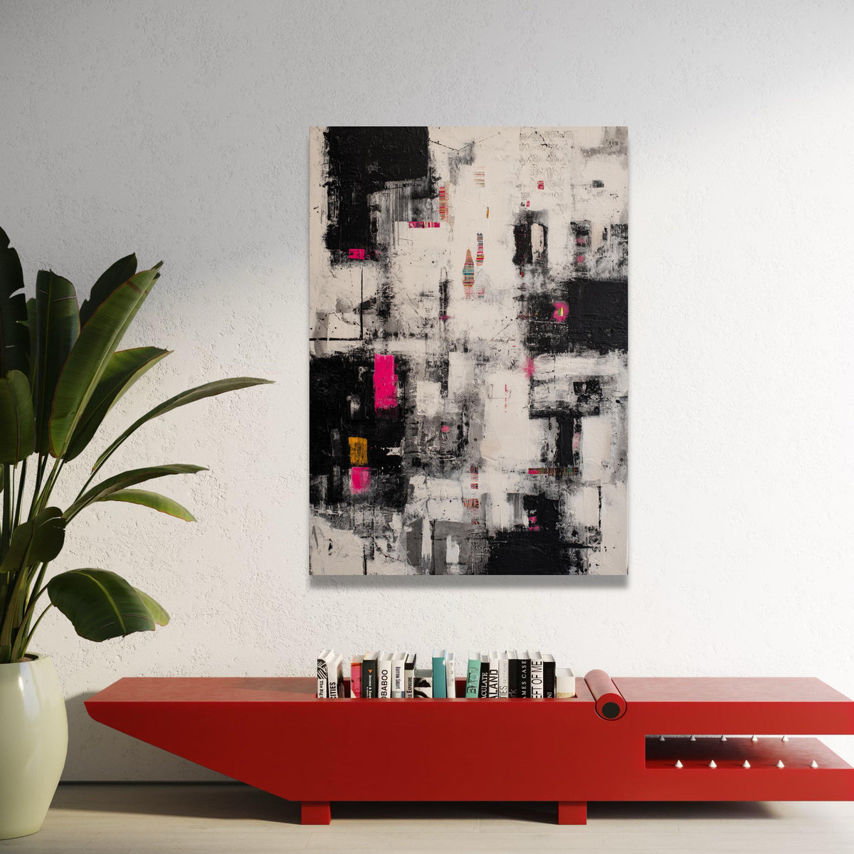 Modern Abstract Canvas Wall Art, Black White with Pink Accents, Urban Style Painting, Contemporary Home Decor, Ready to Luxury Home Decor