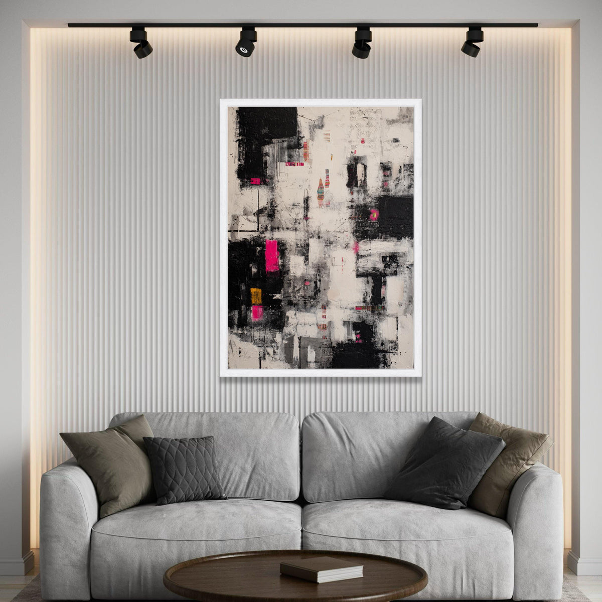 Modern Abstract Canvas Wall Art, Black White with Pink Accents, Urban Style Painting, Contemporary Home Decor, Ready to Luxury Home Decor