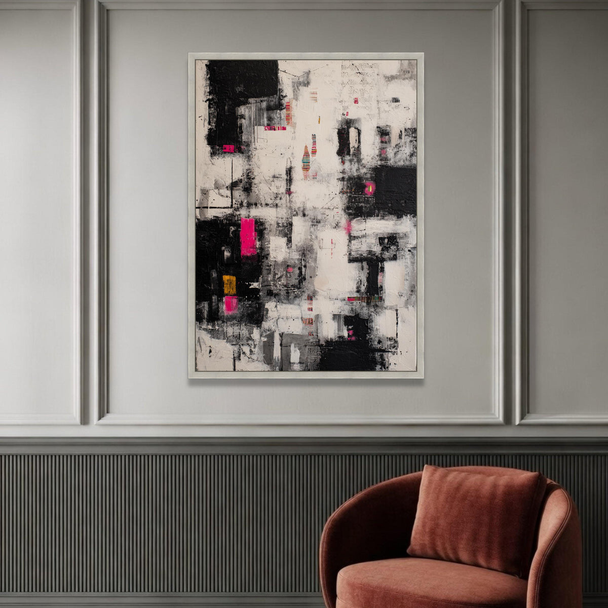 Modern Abstract Canvas Wall Art, Black White with Pink Accents, Urban Style Painting, Contemporary Home Decor, Ready to Luxury Home Decor