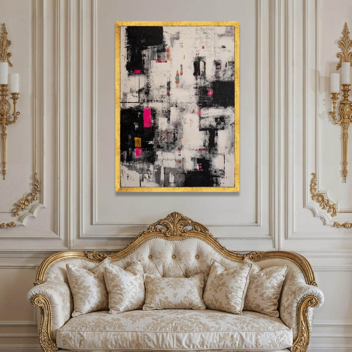 Modern Abstract Canvas Wall Art, Black White with Pink Accents, Urban Style Painting, Contemporary Home Decor, Ready to Luxury Home Decor