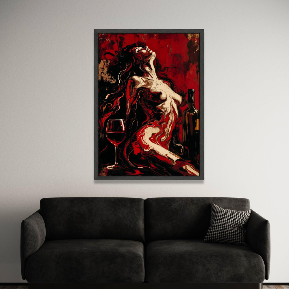 Abstract Woman with Wine Glass Canvas, Red and Black Modern Art, Sensual Female Figure Painting, Bold Wall Decor, Luxury Home Decor