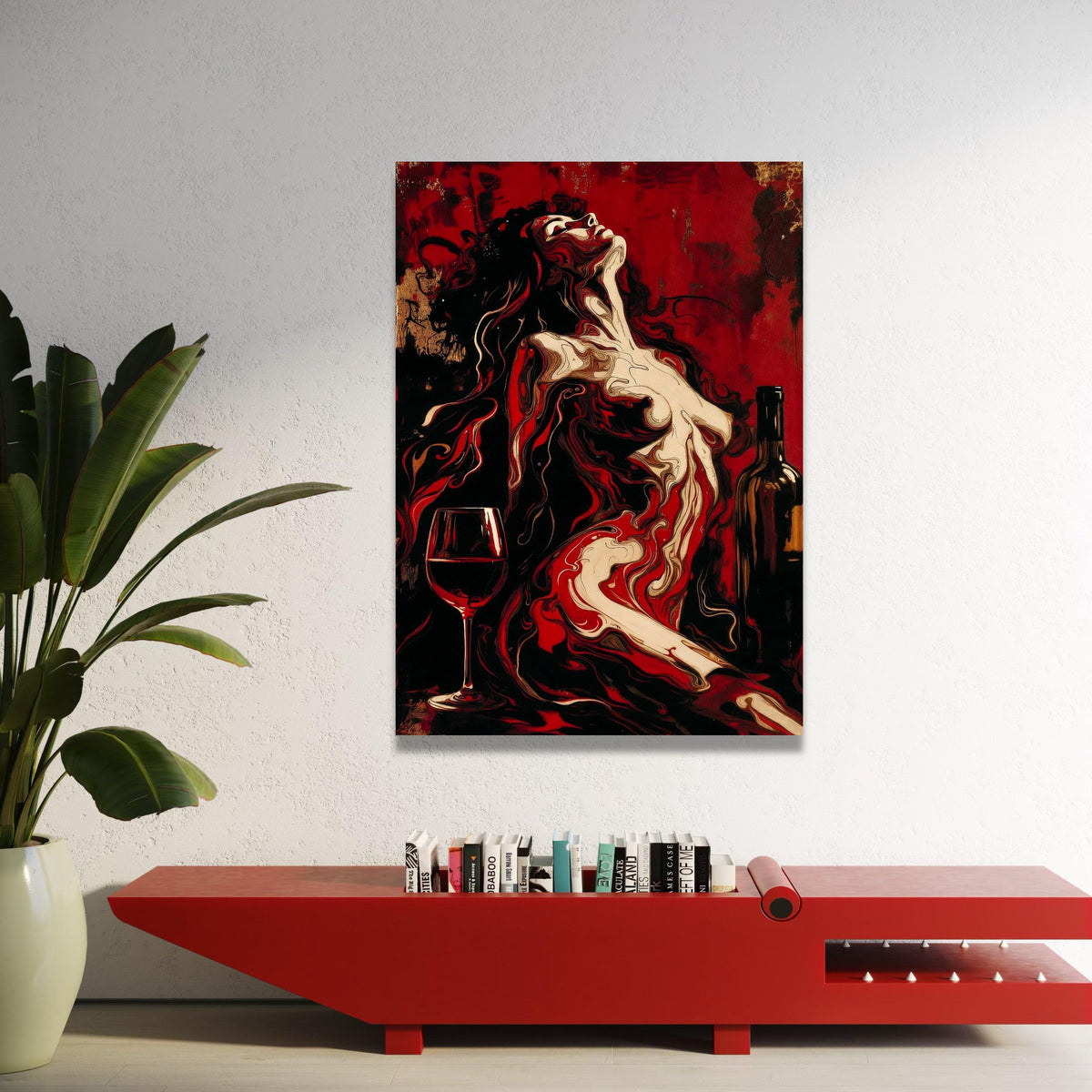 Abstract Woman with Wine Glass Canvas, Red and Black Modern Art, Sensual Female Figure Painting, Bold Wall Decor, Luxury Home Decor