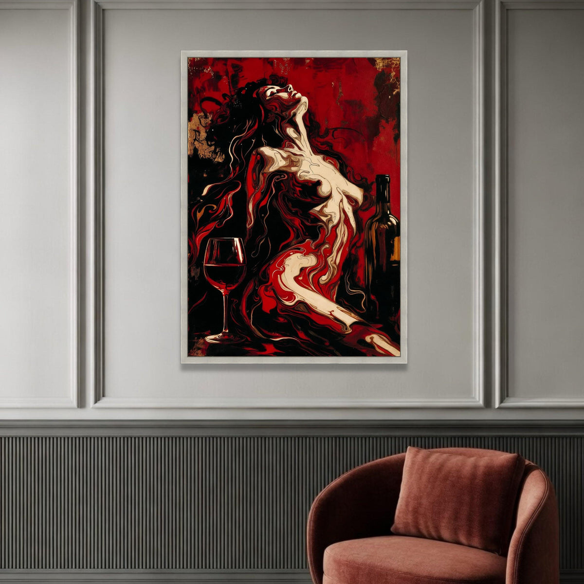 Abstract Woman with Wine Glass Canvas, Red and Black Modern Art, Sensual Female Figure Painting, Bold Wall Decor, Luxury Home Decor